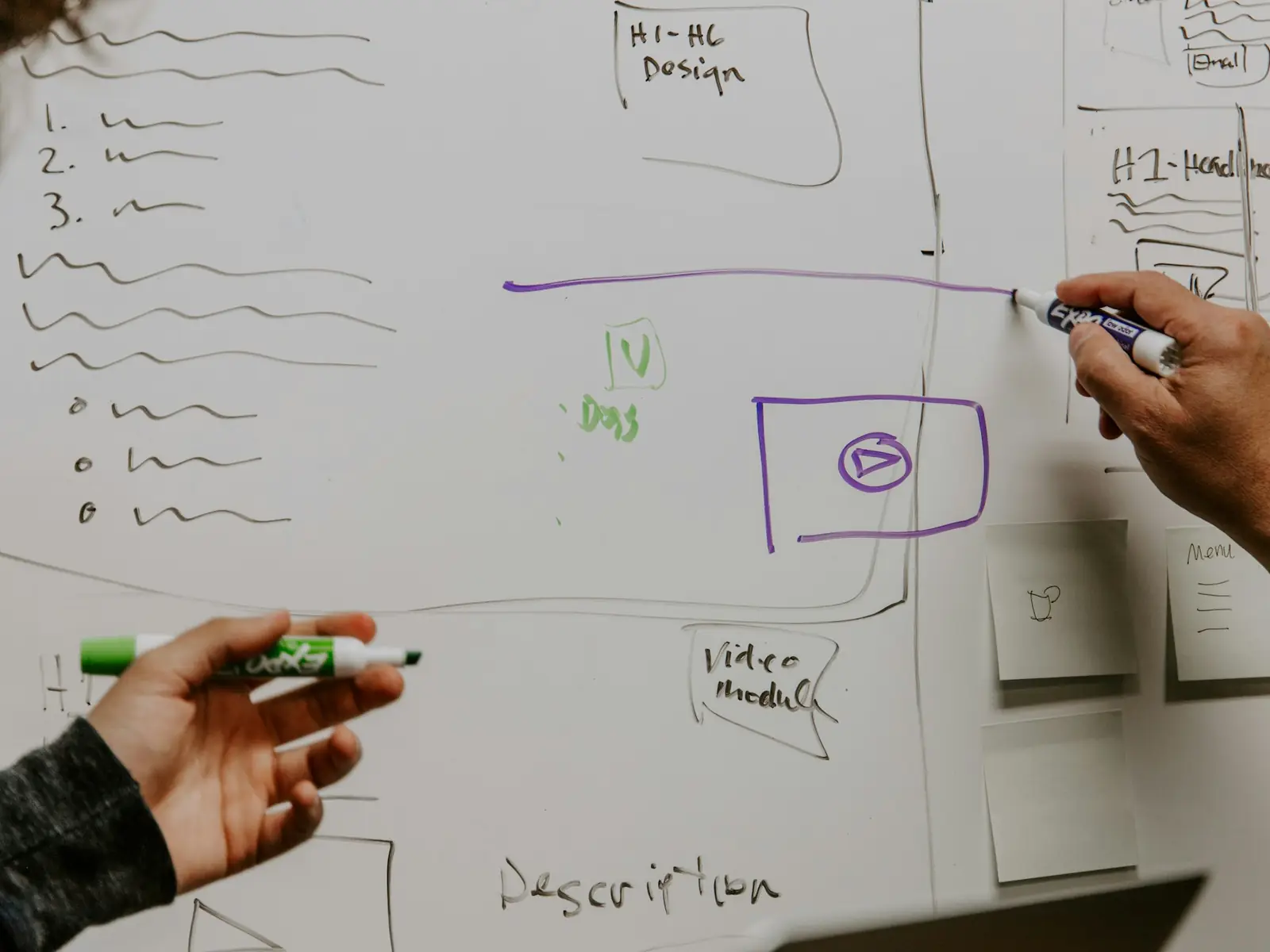 A hand sketching a plan on a whiteboard